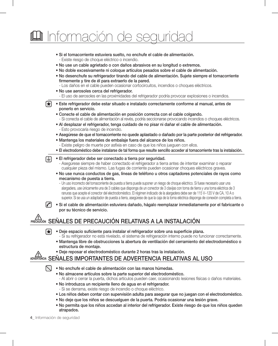 Información de seguridad, Señales de precaución relativas a la instalación | Samsung RF268ACBP-XAA User Manual | Page 46 / 84