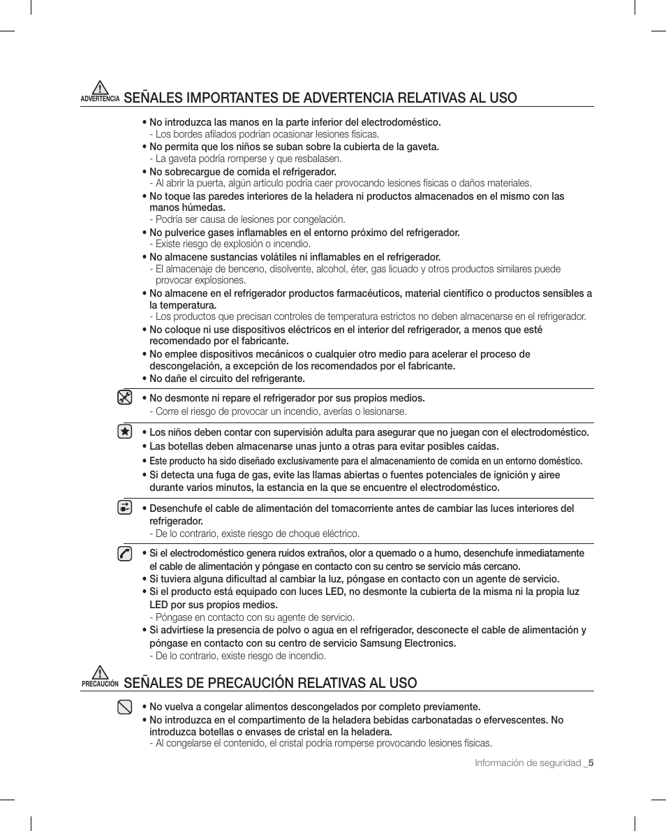 Señales de precaución relativas al uso | Samsung RF268ACBP-XAA User Manual | Page 47 / 84