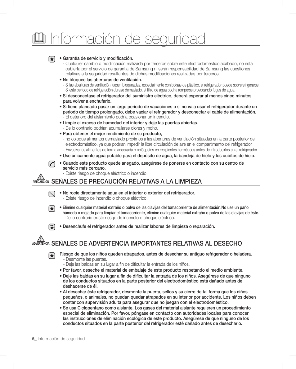 Información de seguridad, Señales de precaución relativas a la limpieza | Samsung RF268ACBP-XAA User Manual | Page 48 / 84