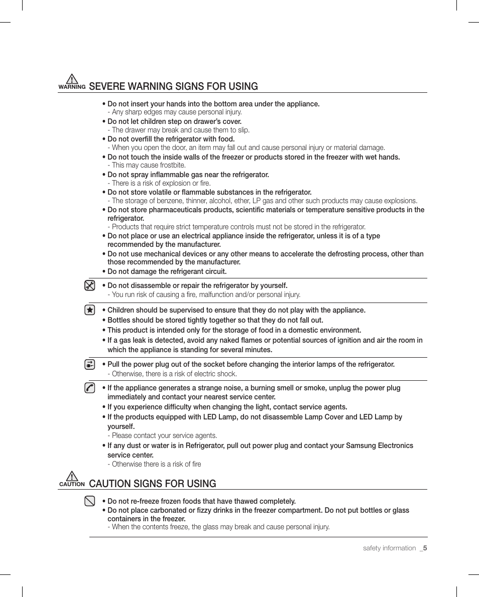 Severe warning signs for using, Caution signs for using | Samsung RF268ACBP-XAA User Manual | Page 5 / 84