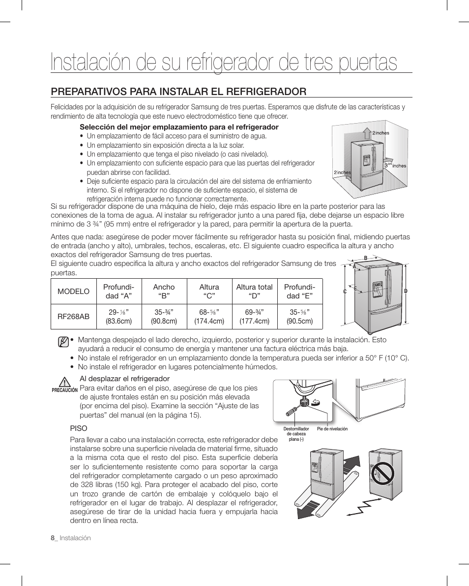 Instalación de su refrigerador de tres puertas, Preparativos para instalar el refrigerador | Samsung RF268ACBP-XAA User Manual | Page 50 / 84