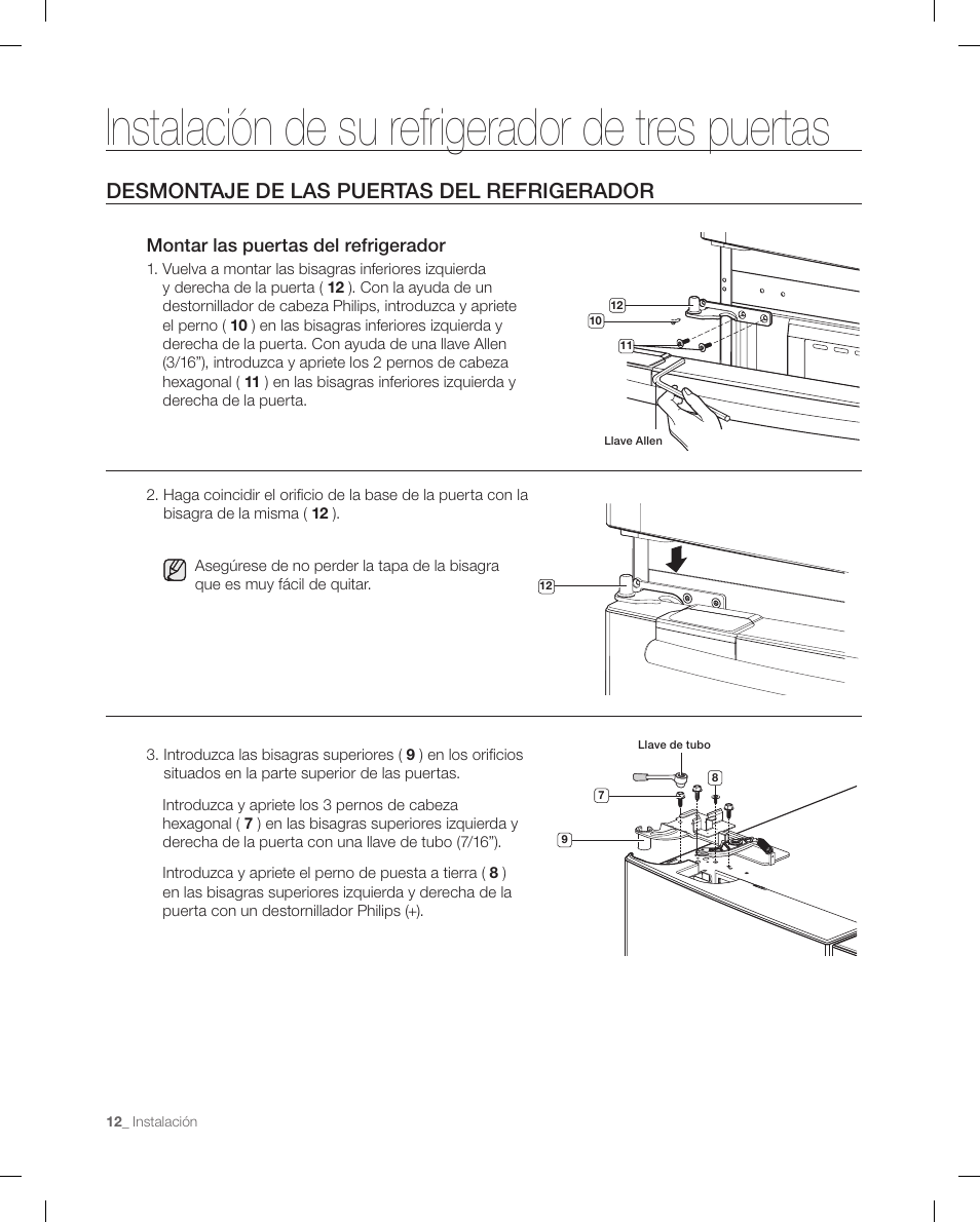 Instalación de su refrigerador de tres puertas, Desmontaje de las puertas del refrigerador | Samsung RF268ACBP-XAA User Manual | Page 54 / 84