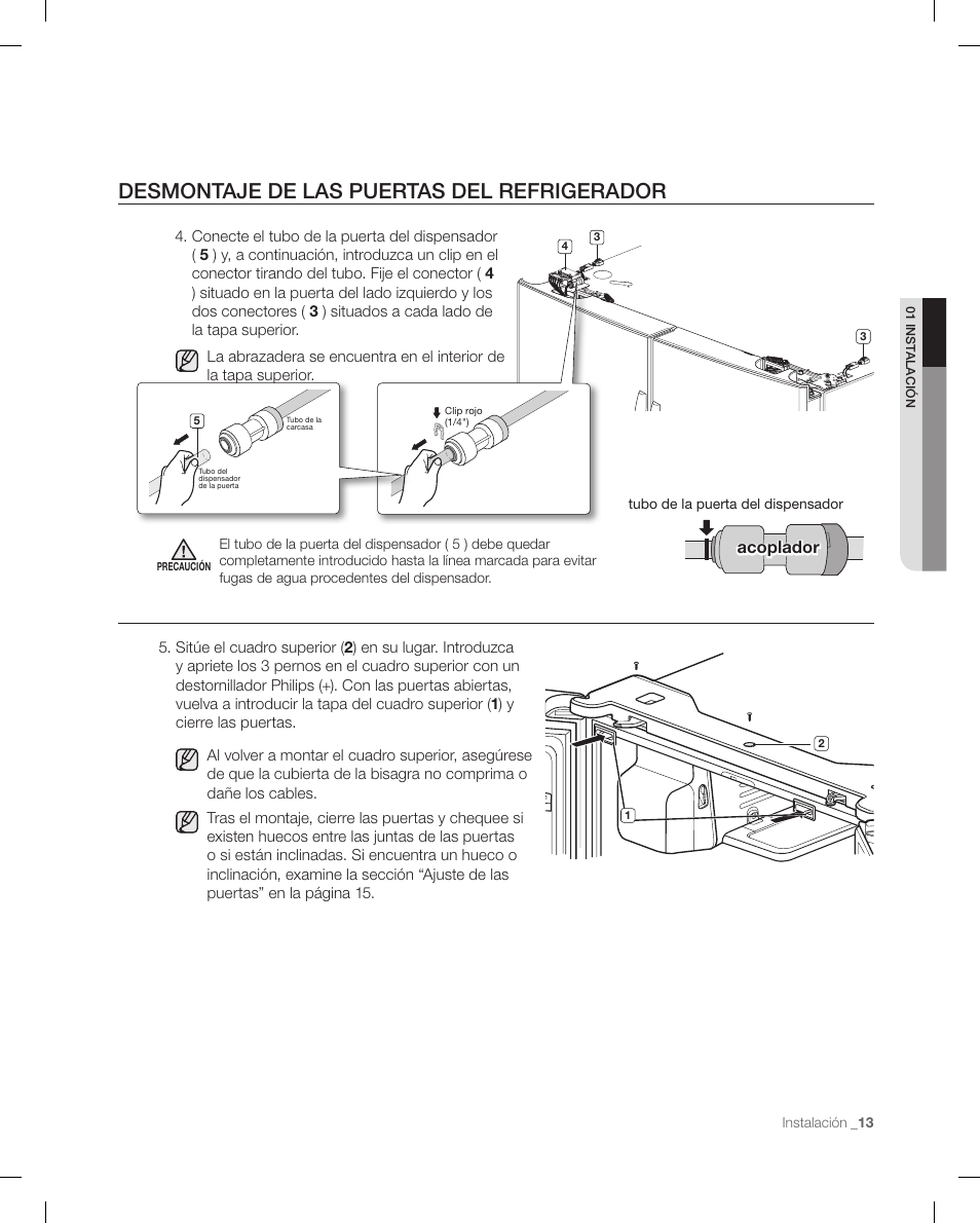 Desmontaje de las puertas del refrigerador, Acoplador | Samsung RF268ACBP-XAA User Manual | Page 55 / 84