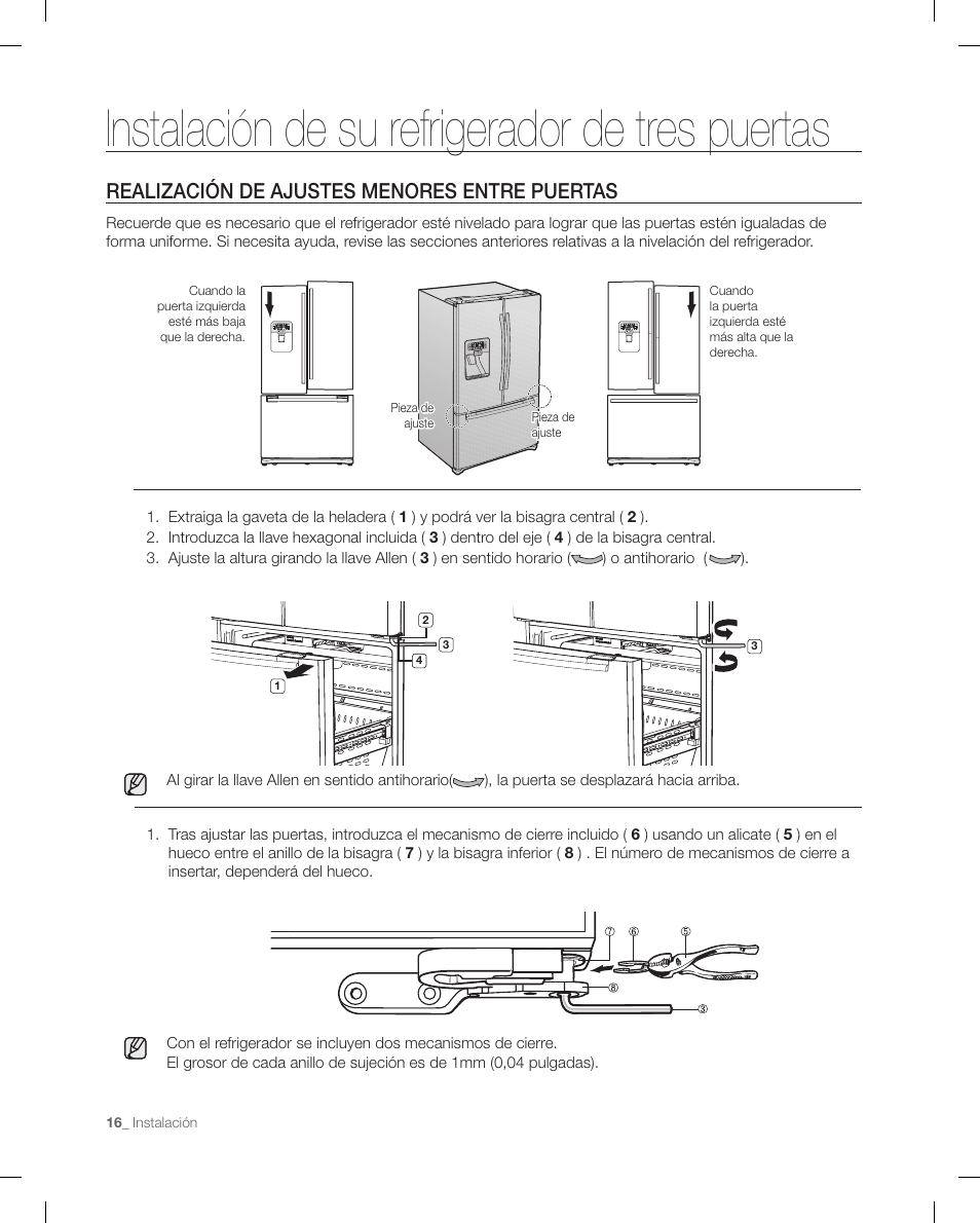 Instalación de su refrigerador de tres puertas, Realización de ajustes menores entre puertas | Samsung RF268ACBP-XAA User Manual | Page 58 / 84