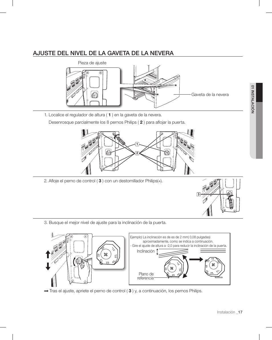 Ajuste del nivel de la gaveta de la nevera | Samsung RF268ACBP-XAA User Manual | Page 59 / 84