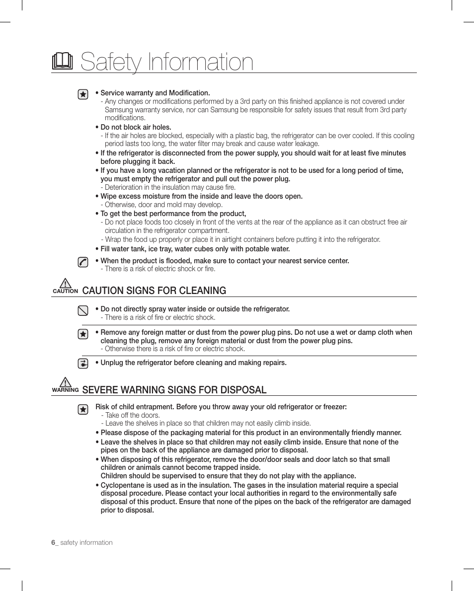 Safety information, Severe warning signs for disposal, Caution signs for cleaning | Samsung RF268ACBP-XAA User Manual | Page 6 / 84