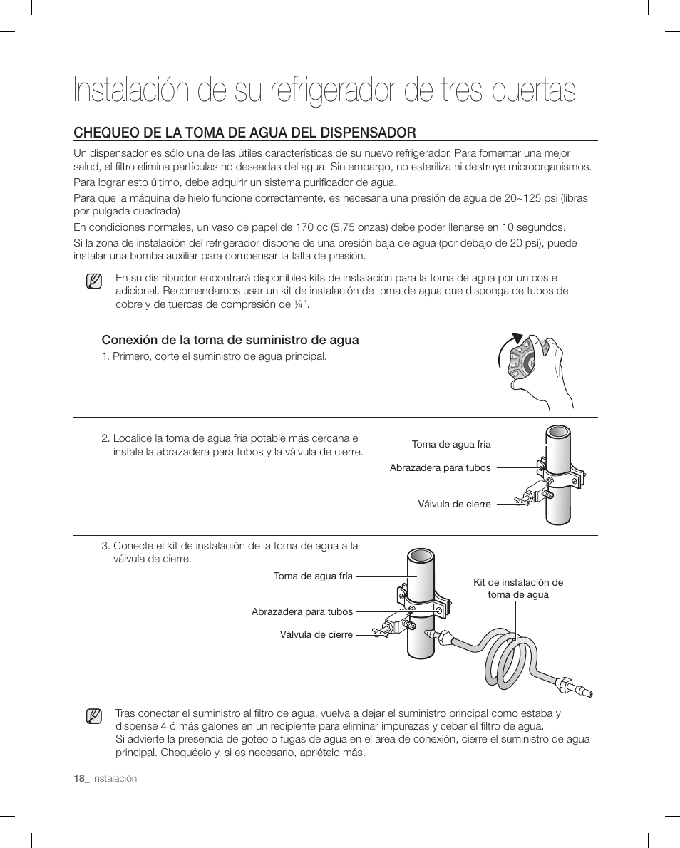 Instalación de su refrigerador de tres puertas, Chequeo de la toma de agua del dispensador | Samsung RF268ACBP-XAA User Manual | Page 60 / 84