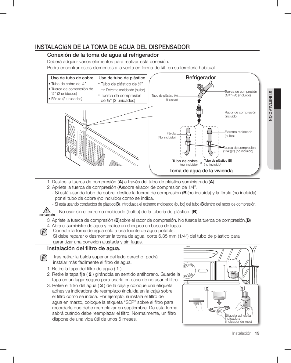 Instalación de la toma de agua del dispensador, Refrigerador | Samsung RF268ACBP-XAA User Manual | Page 61 / 84
