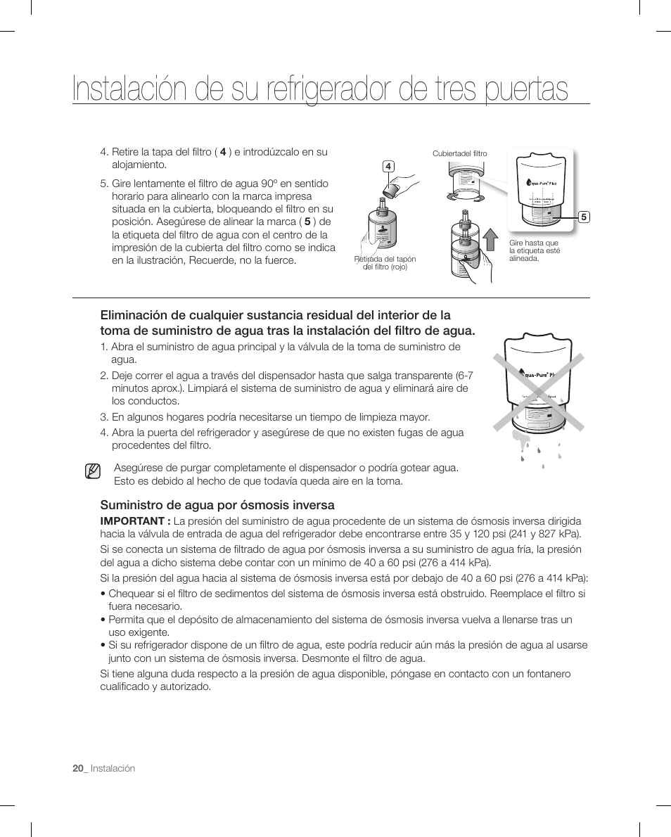 Instalación de su refrigerador de tres puertas | Samsung RF268ACBP-XAA User Manual | Page 62 / 84