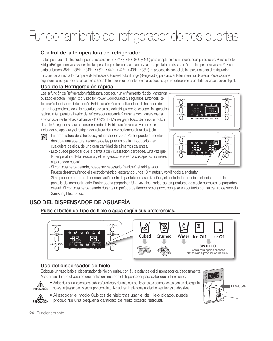 Funcionamiento del refrigerador de tres puertas, Uso del dispensador de aguafría | Samsung RF268ACBP-XAA User Manual | Page 66 / 84