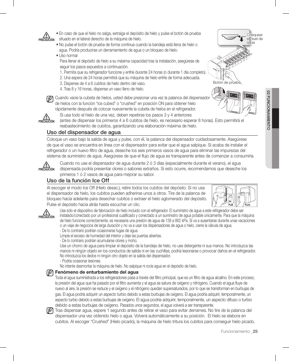 Uso del dispensador de agua, Uso de la función ice off | Samsung RF268ACBP-XAA User Manual | Page 67 / 84