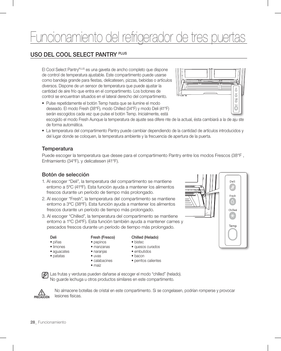 Funcionamiento del refrigerador de tres puertas, Uso del cool select pantry | Samsung RF268ACBP-XAA User Manual | Page 70 / 84