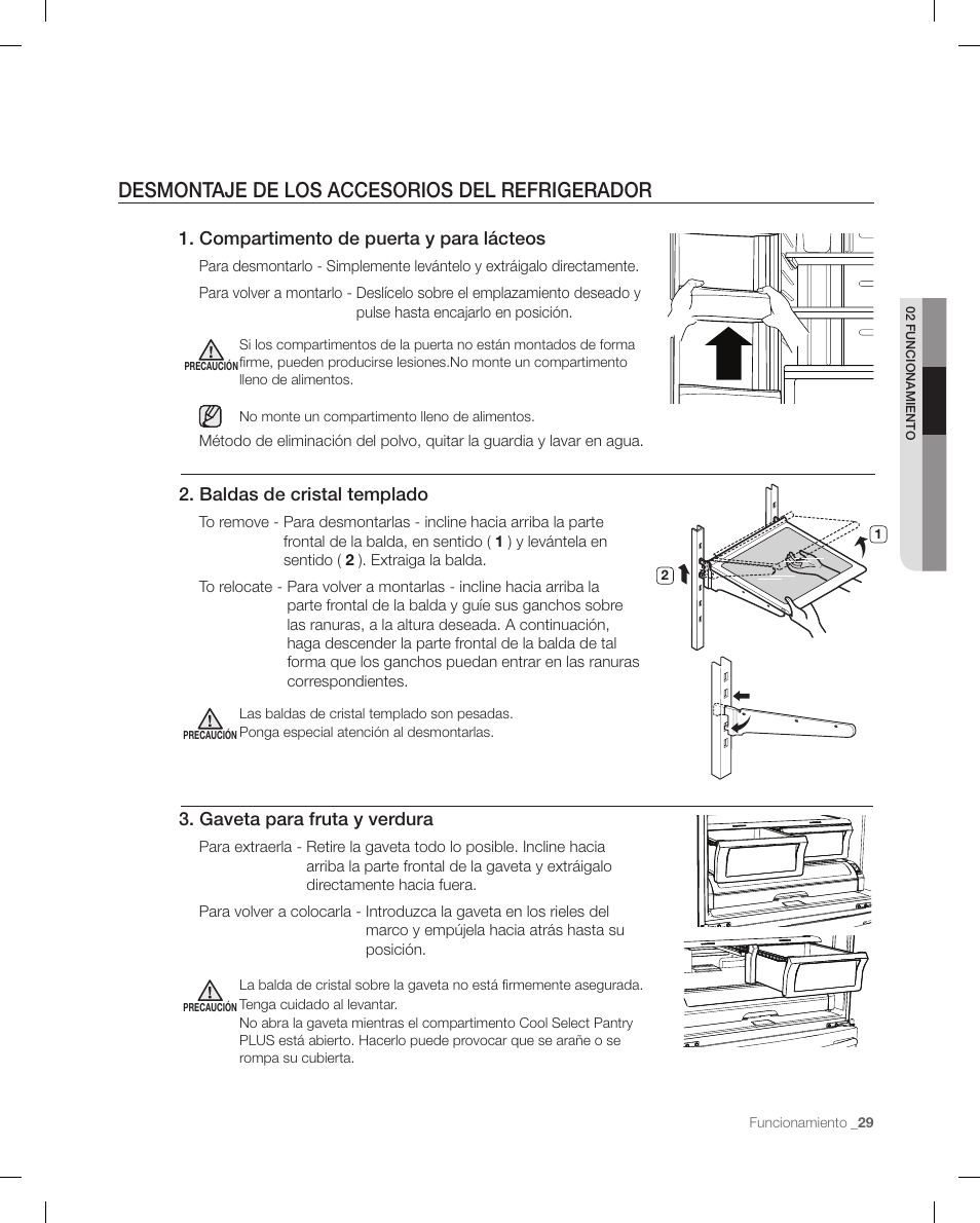 Desmontaje de los accesorios del refrigerador, Baldas de cristal templado, Compartimento de puerta y para lácteos | Gaveta para fruta y verdura | Samsung RF268ACBP-XAA User Manual | Page 71 / 84