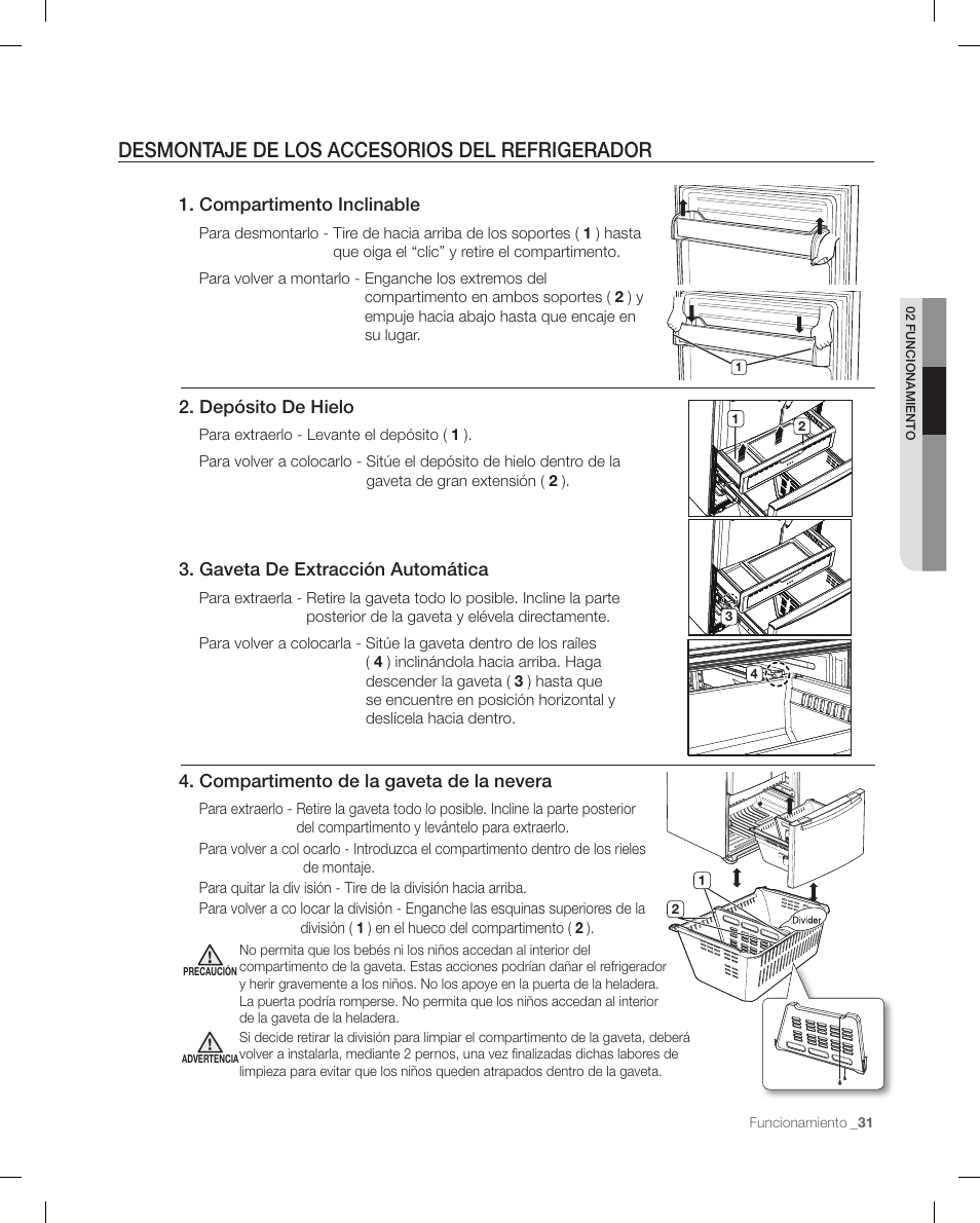 Desmontaje de los accesorios del refrigerador, Compartimento inclinable, Depósito de hielo | Gaveta de extracción automática, Compartimento de la gaveta de la nevera | Samsung RF268ACBP-XAA User Manual | Page 73 / 84