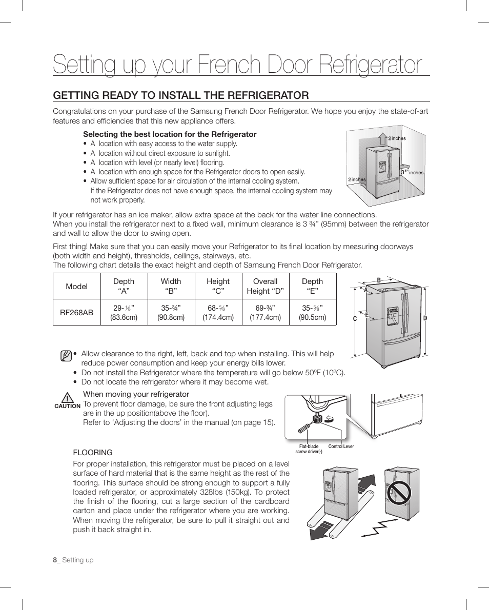 Setting up your french door refrigerator, Getting ready to install the refrigerator | Samsung RF268ACBP-XAA User Manual | Page 8 / 84