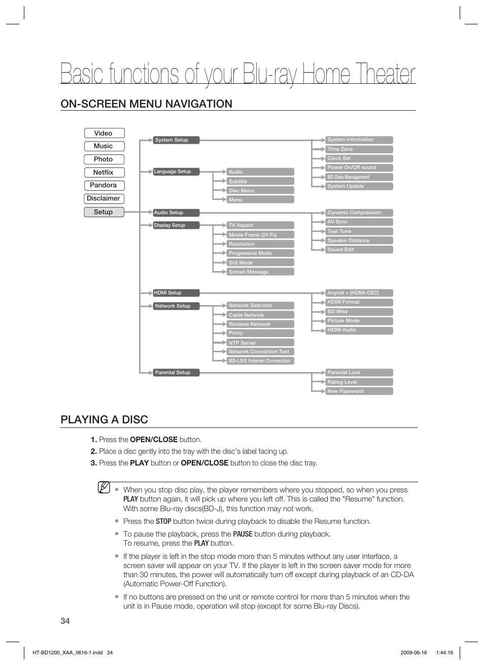 Basic functions of your blu-ray home theater, On-screen menu navigation, Playing a disc | Samsung HT-BD1200T-XAA User Manual | Page 34 / 102