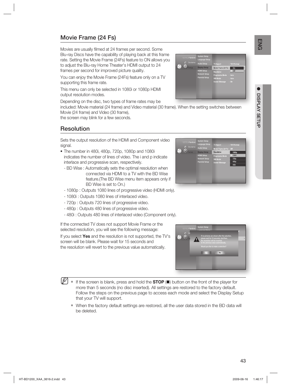 Movie frame (24 fs), Resolution, Display setup | Samsung HT-BD1200T-XAA User Manual | Page 43 / 102