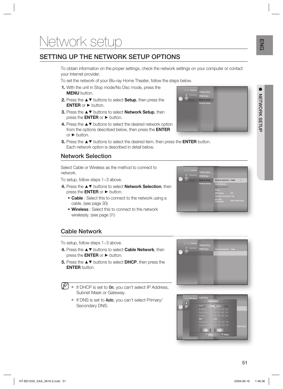 Setting up the network setup options, Network selection, Cable network | Network setup | Samsung HT-BD1200T-XAA User Manual | Page 51 / 102