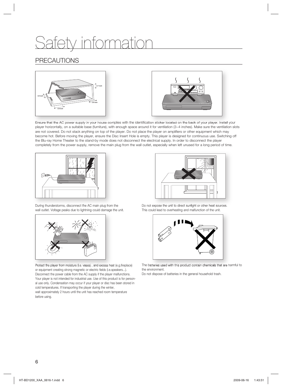 Safety information, Precautions | Samsung HT-BD1200T-XAA User Manual | Page 6 / 102