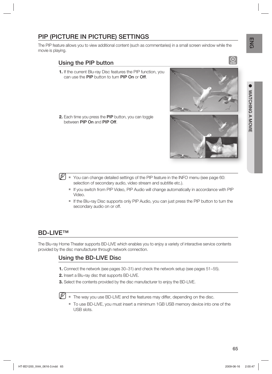 Pip (picture in picture) settings, Bd-live | Samsung HT-BD1200T-XAA User Manual | Page 65 / 102