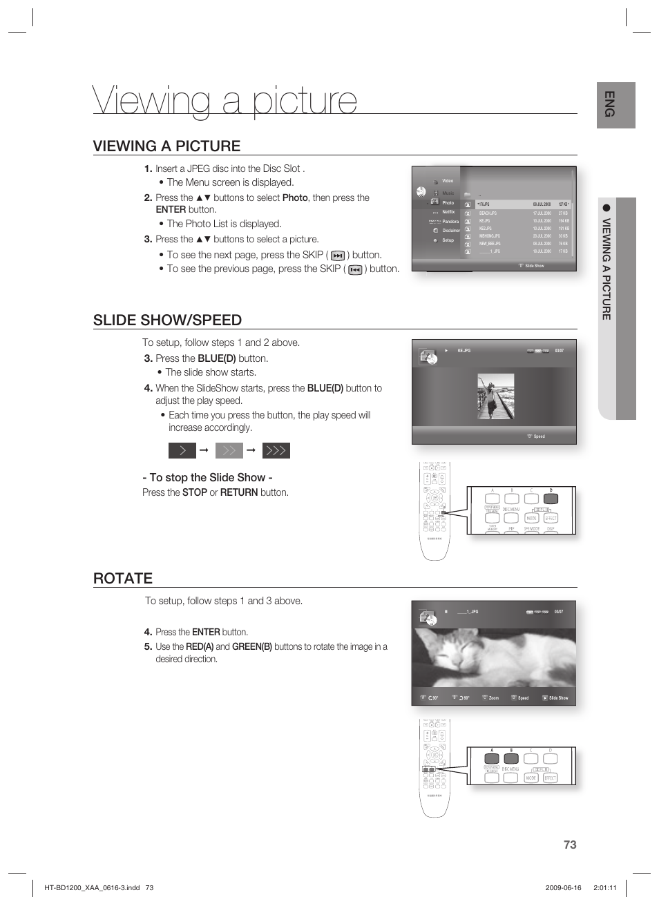 Slide show/speed, Rotate, Viewing a picture | Disc slot, The menu screen is displayed, The photo list is displayed, Press the stop or return button, Insert a jpeg disc into the, Press the, Buttons to select a picture | Samsung HT-BD1200T-XAA User Manual | Page 73 / 102