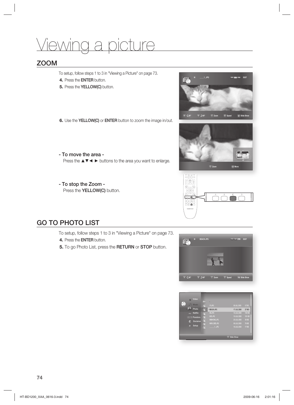 Viewing a picture, Zoom, Go to photo list | Press the yellow(c) button, Press the enter button | Samsung HT-BD1200T-XAA User Manual | Page 74 / 102