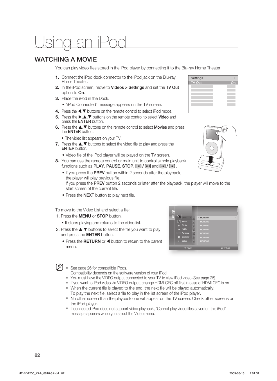 Using an ipod, Watching a movie | Samsung HT-BD1200T-XAA User Manual | Page 82 / 102