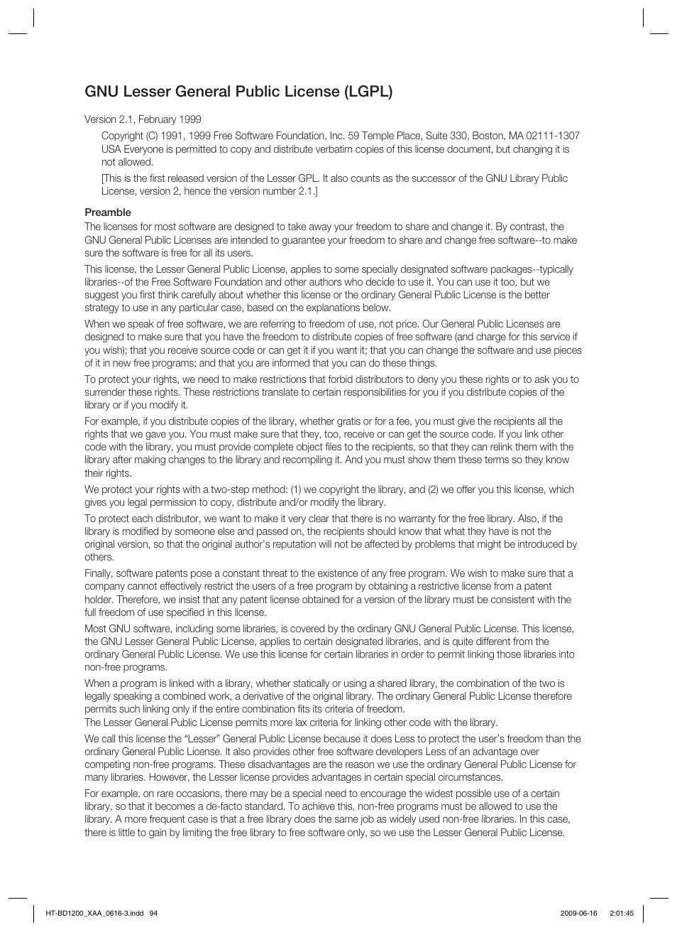 Gnu lesser general public license (lgpl) | Samsung HT-BD1200T-XAA User Manual | Page 94 / 102