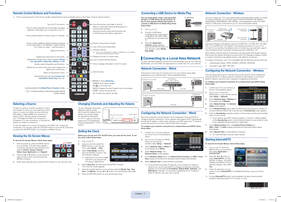 Connecting to a local area network, Network connection - wireless, Configuring the network connection - wireless | Starting internet@tv, Changing channels and adjusting the volume, Setting the clock, Selecting a source, Viewing the on screen menus, Connecting a usb device for media play, Network connection - wired | Samsung LN55C750R2FXZA User Manual | Page 2 / 2