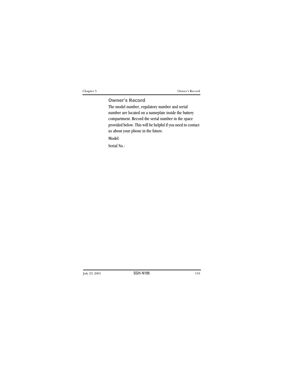 Owner's record, Owner’s record | Samsung SGH-N105GV-XAR User Manual | Page 119 / 130