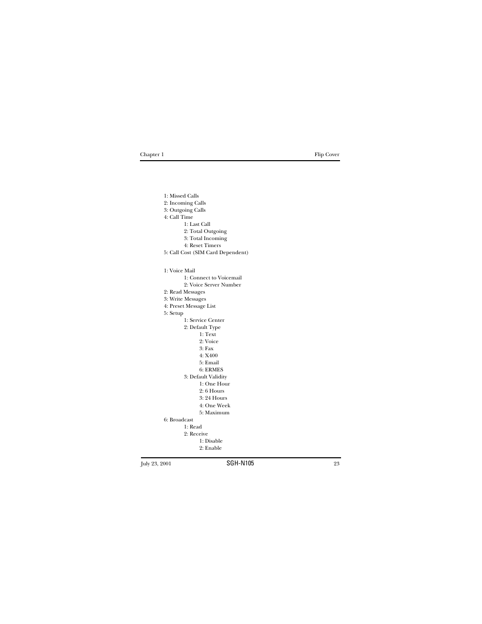 Menu tree | Samsung SGH-N105GV-XAR User Manual | Page 23 / 130