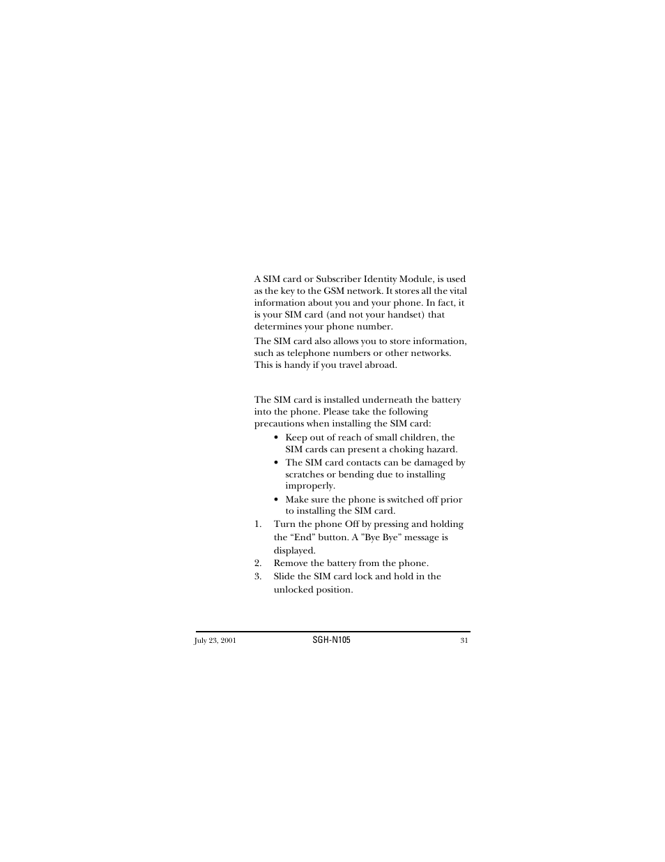 Sim card, Installing the sim card | Samsung SGH-N105GV-XAR User Manual | Page 31 / 130