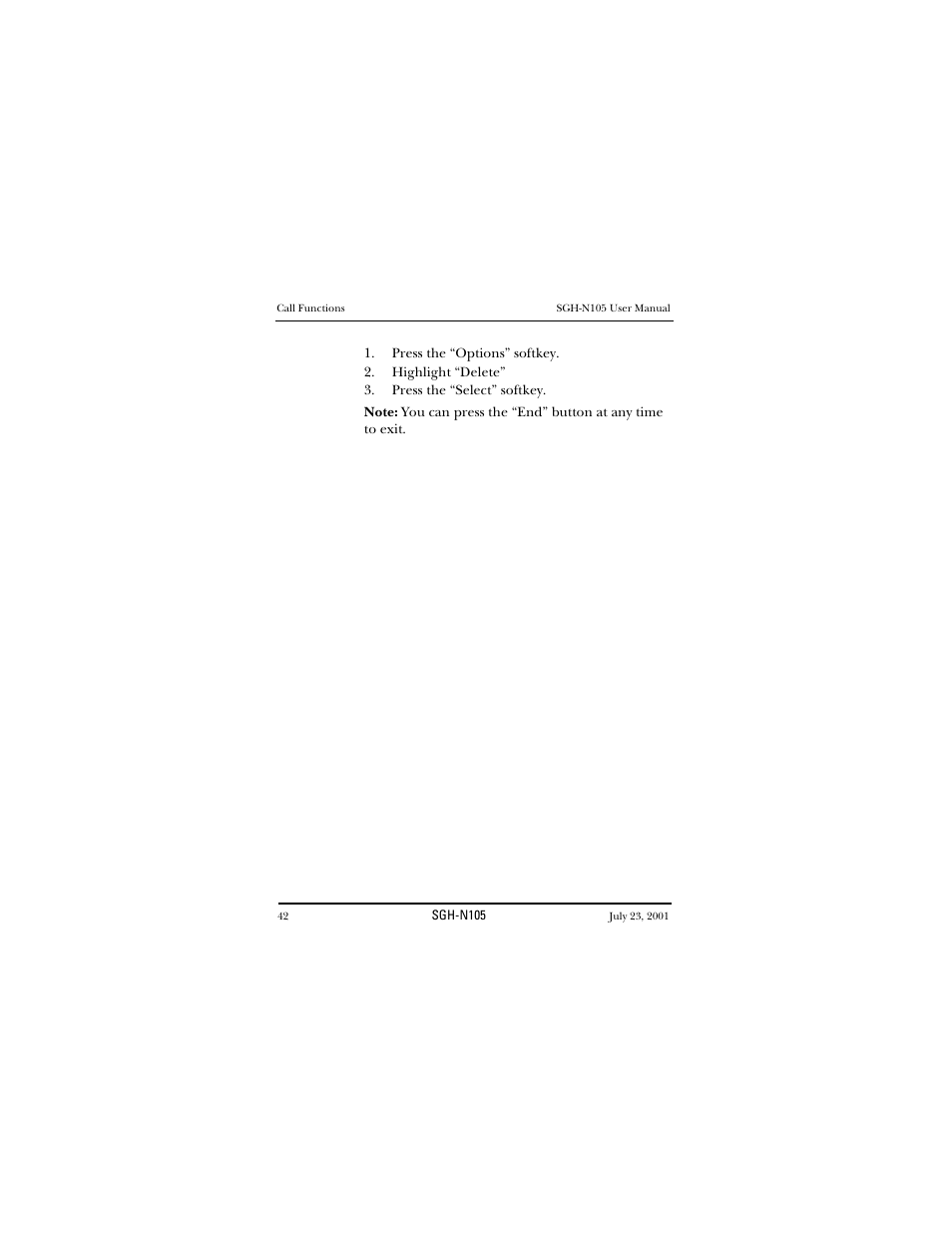 Press the “options” softkey, Deleting a missed call | Samsung SGH-N105GV-XAR User Manual | Page 42 / 130