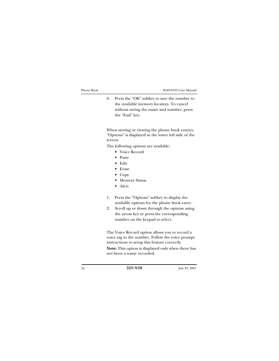 Phone book options, Accessing options voice record | Samsung SGH-N105GV-XAR User Manual | Page 52 / 130