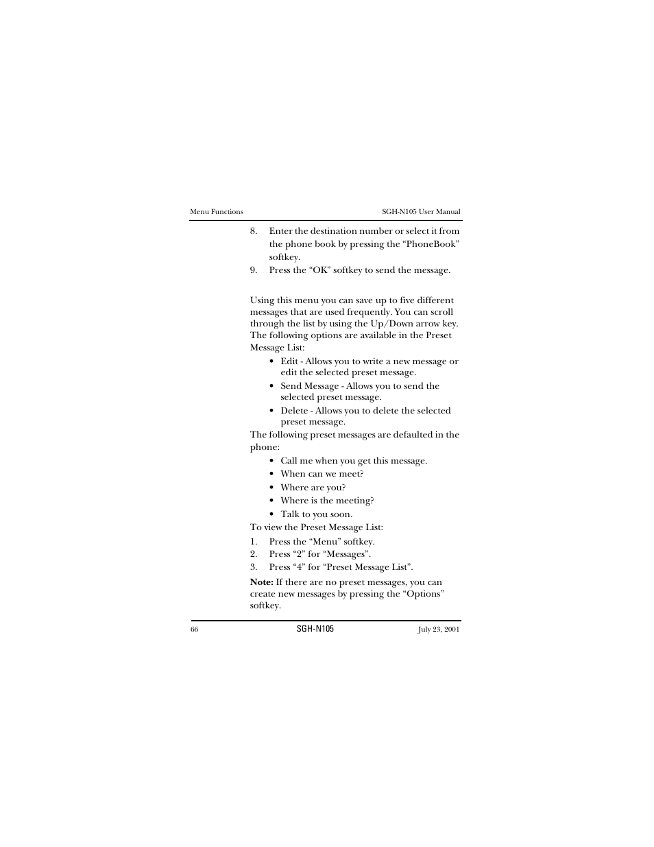 Press the “menu” softkey, Preset message list | Samsung SGH-N105GV-XAR User Manual | Page 66 / 130