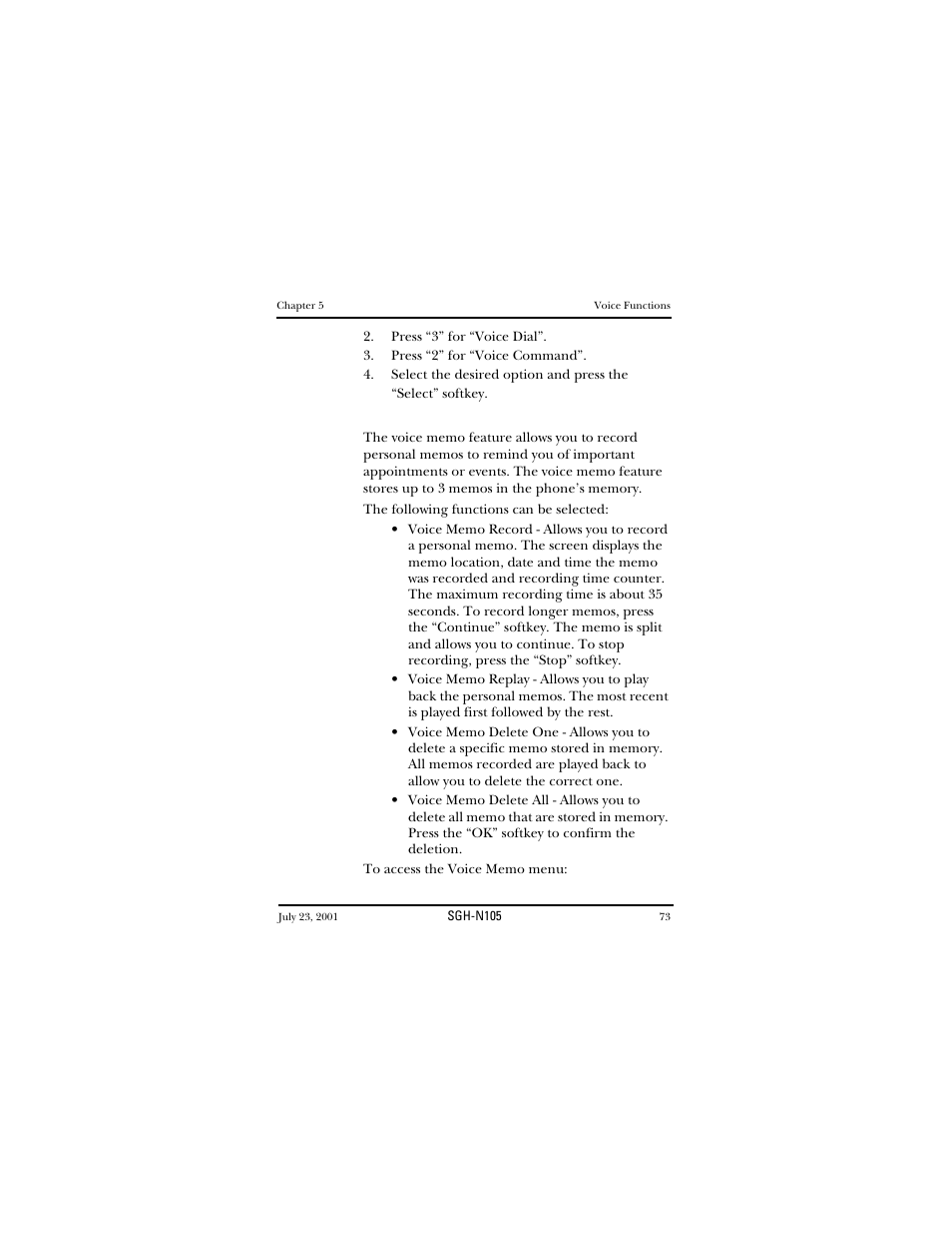 Voice memo | Samsung SGH-N105GV-XAR User Manual | Page 73 / 130