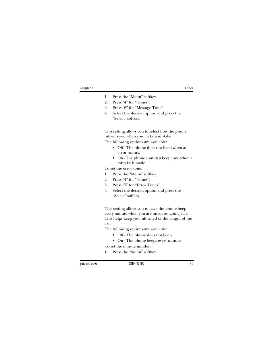 Press the “menu” softkey, Error tone minute minder | Samsung SGH-N105GV-XAR User Manual | Page 81 / 130