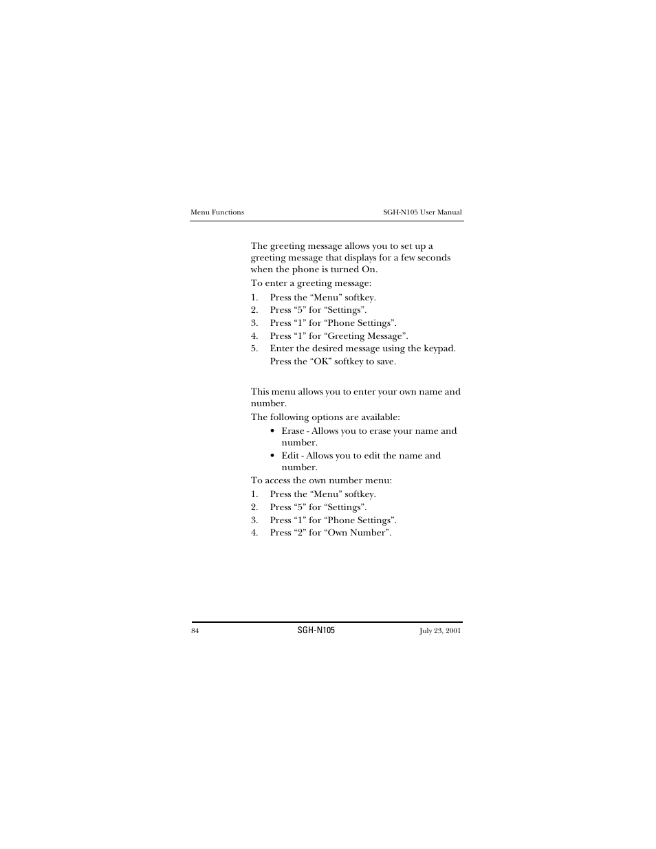 Greeting message, Press the “menu” softkey, Own number | Samsung SGH-N105GV-XAR User Manual | Page 84 / 130