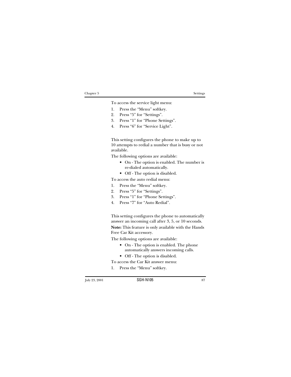 Press the “menu” softkey, Auto redial, Car kit answer | Samsung SGH-N105GV-XAR User Manual | Page 87 / 130