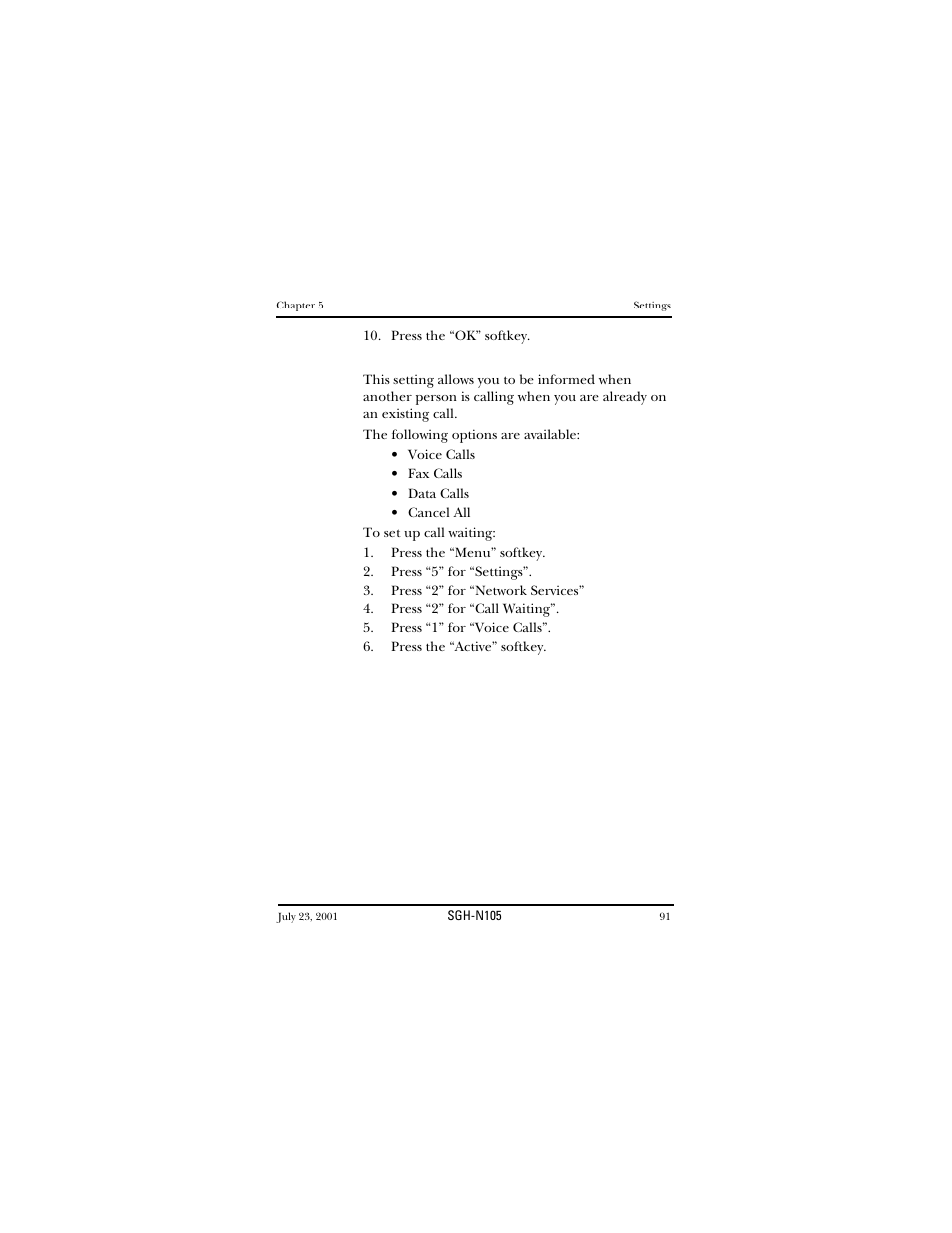 Call waiting, Press the “menu” softkey | Samsung SGH-N105GV-XAR User Manual | Page 91 / 130