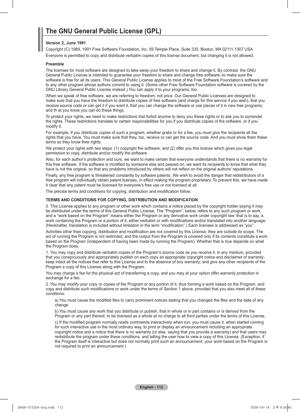 The gnu general public license (gpl) | Samsung PN50A650T1FXZA User Manual | Page 112 / 232