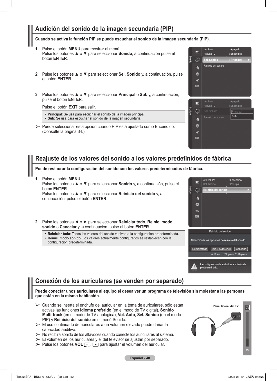 Audición del sonido de la imagen secundaria (pip) | Samsung PN50A650T1FXZA User Manual | Page 159 / 232