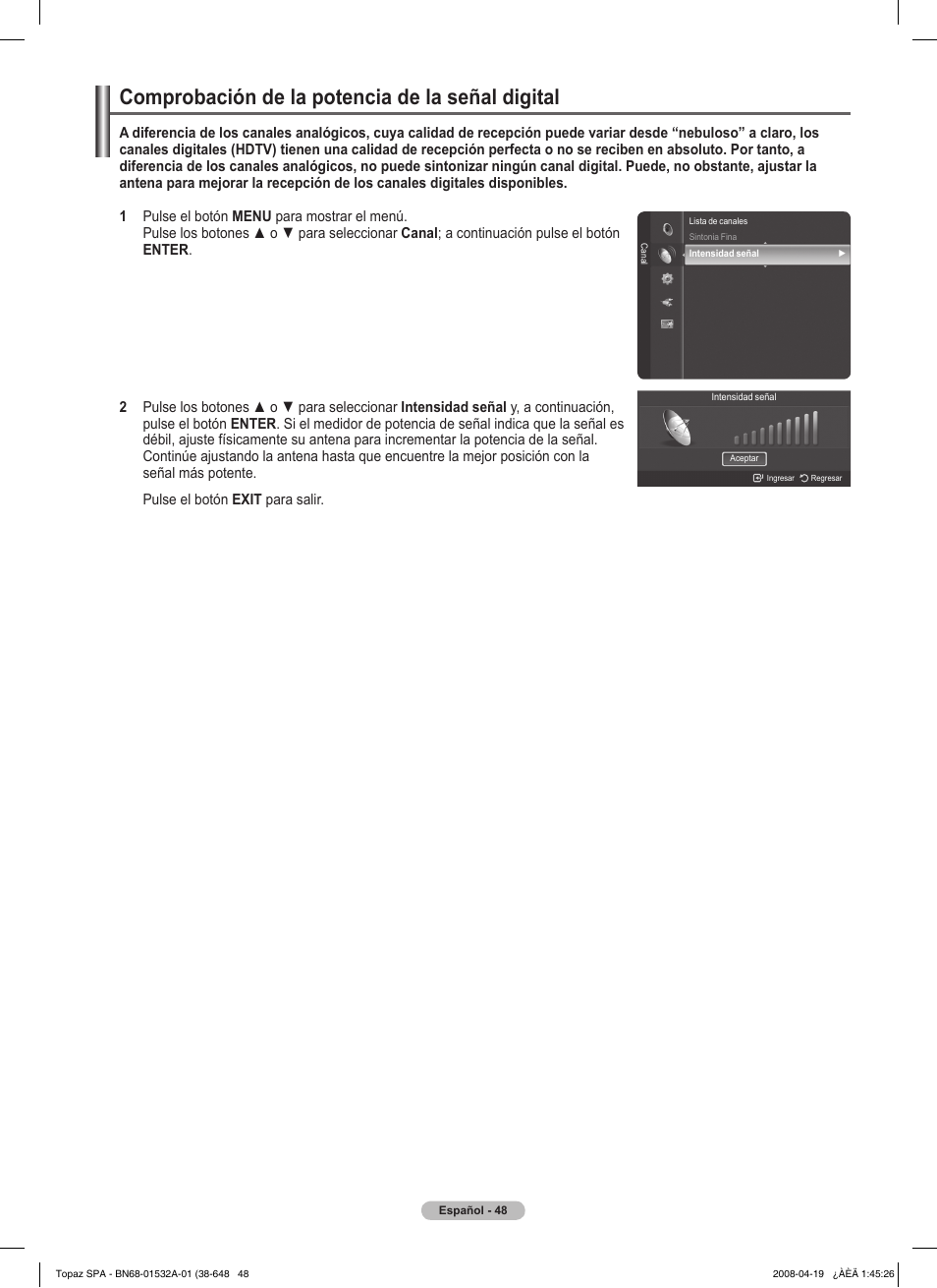 Comprobación de la potencia de la señal digital | Samsung PN50A650T1FXZA User Manual | Page 167 / 232