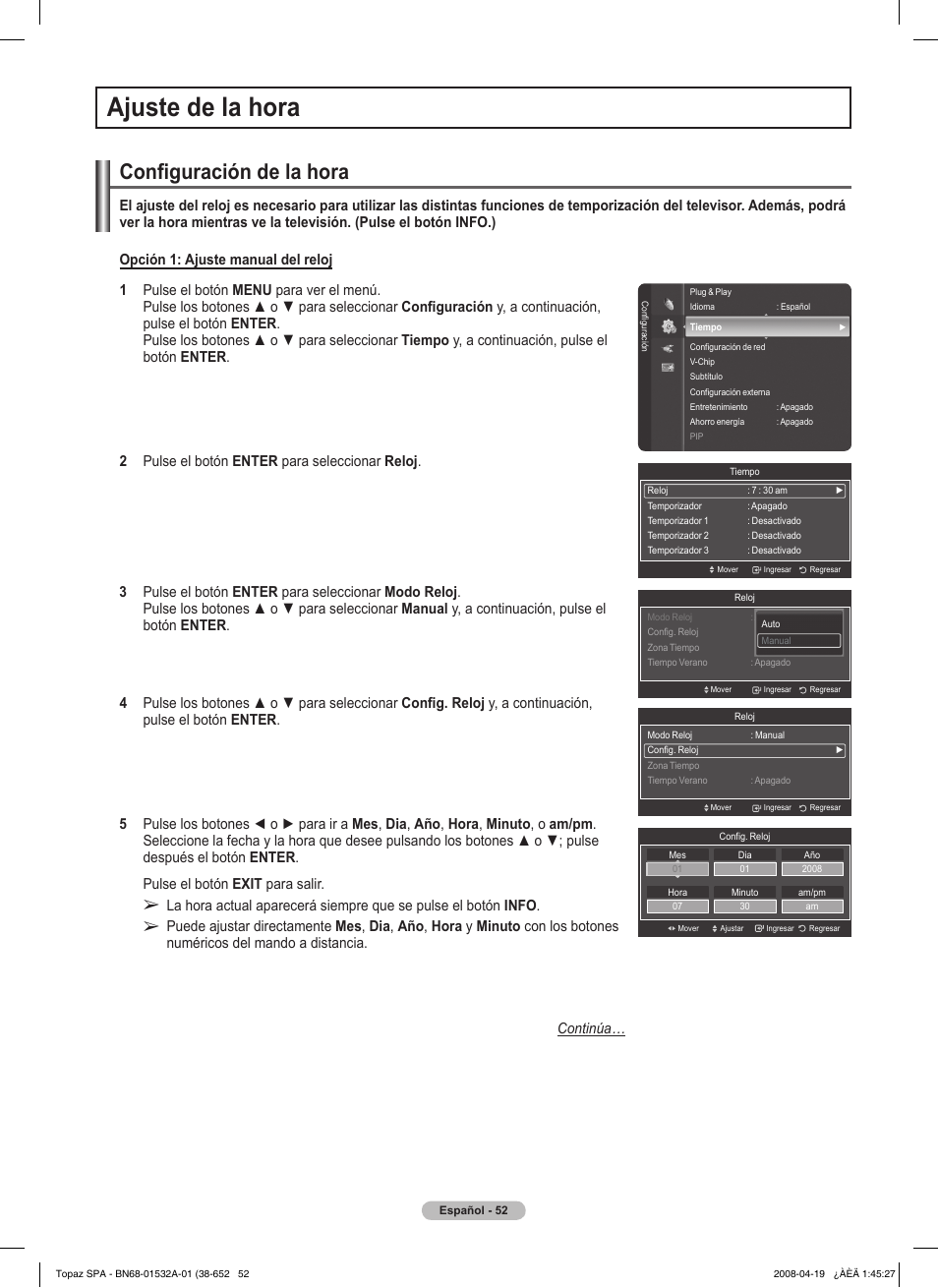 Ajuste de la hora, Configuración de la hora | Samsung PN50A650T1FXZA User Manual | Page 171 / 232