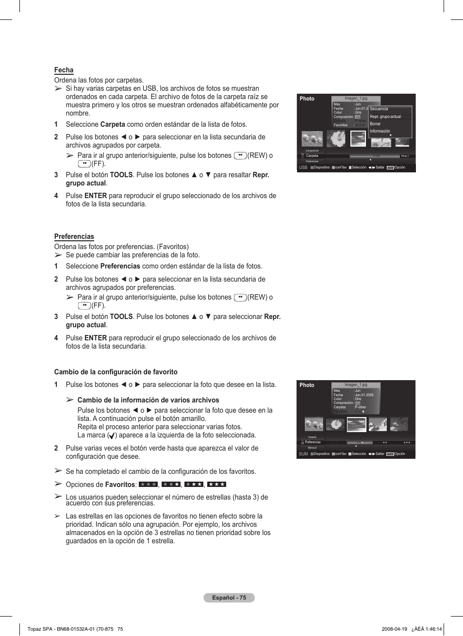 Fecha ordena las fotos por carpetas, Rew) o, Opciones de favoritos | Samsung PN50A650T1FXZA User Manual | Page 194 / 232