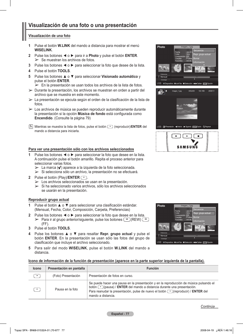 Visualización de una foto o una presentación, Rew) | Samsung PN50A650T1FXZA User Manual | Page 196 / 232