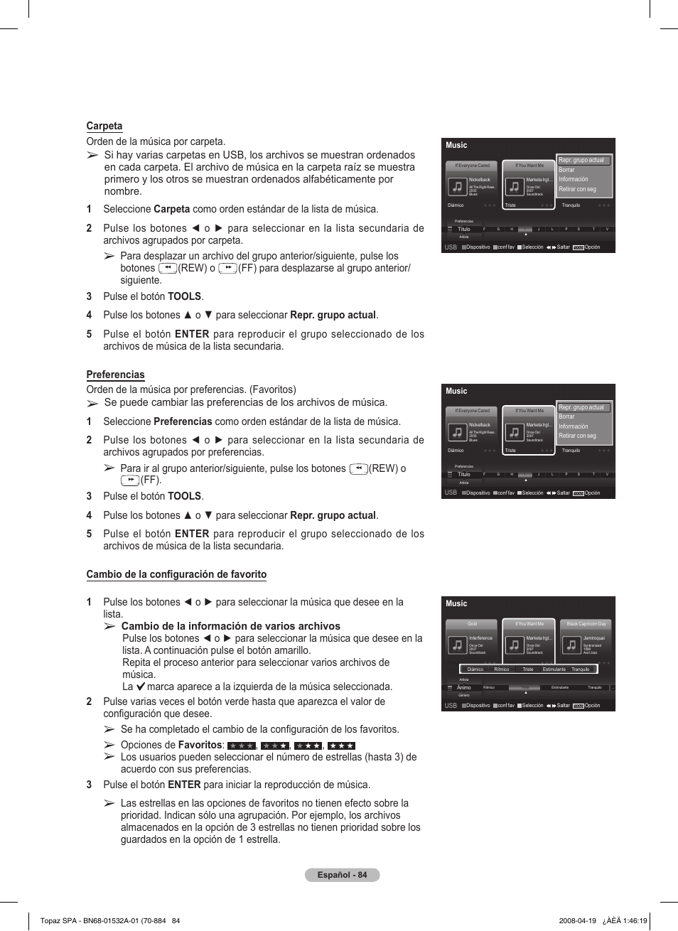 Carpeta orden de la música por carpeta, Rew) o, Opciones de favoritos | Samsung PN50A650T1FXZA User Manual | Page 203 / 232