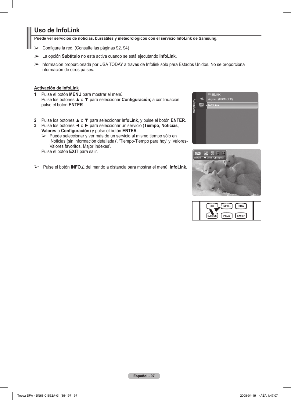 Uso de infolink | Samsung PN50A650T1FXZA User Manual | Page 216 / 232