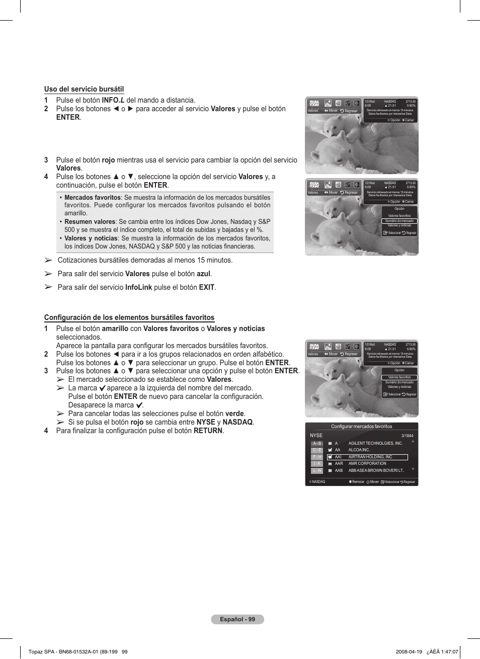 El mercado seleccionado se establece como valores | Samsung PN50A650T1FXZA User Manual | Page 218 / 232