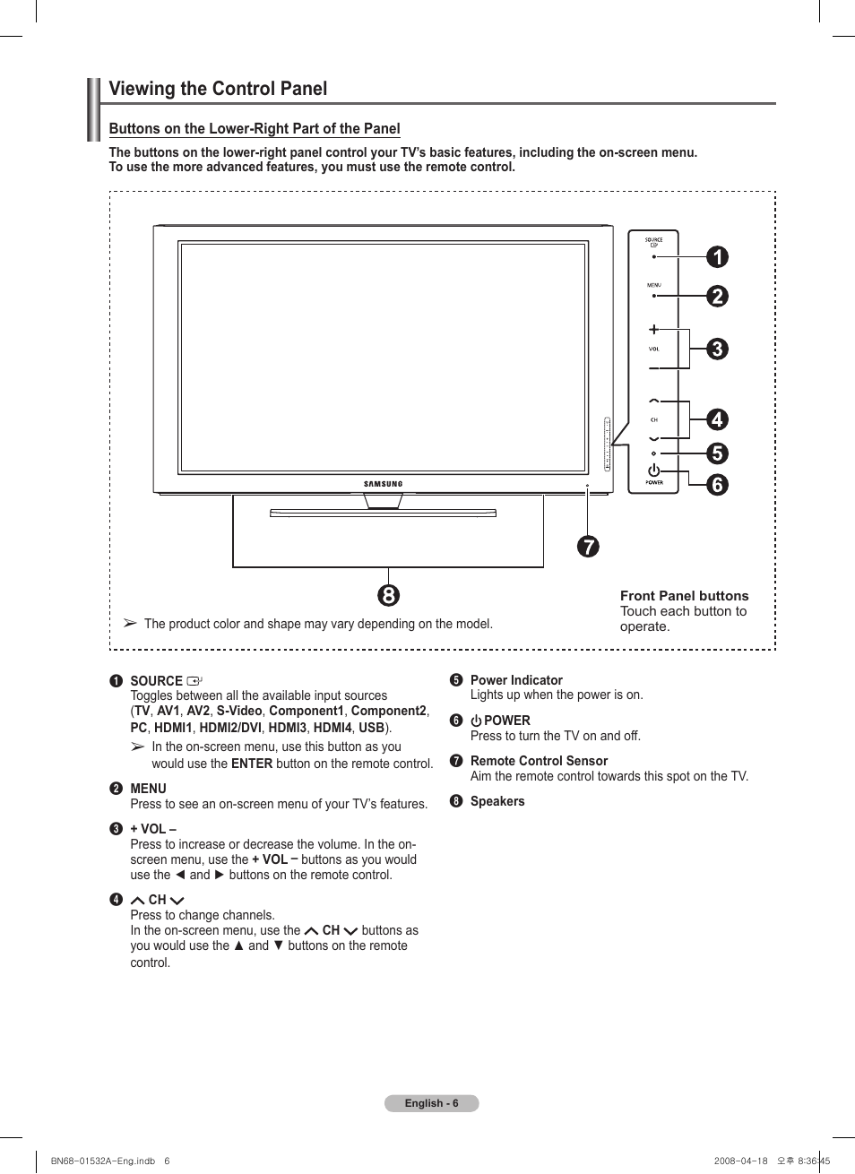 Viewing the control panel | Samsung PN50A650T1FXZA User Manual | Page 6 / 232